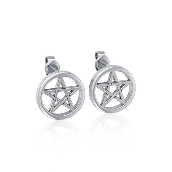 Pentagram Pentacle Sterling Silver Stud Earrings - Picture 2 of 3